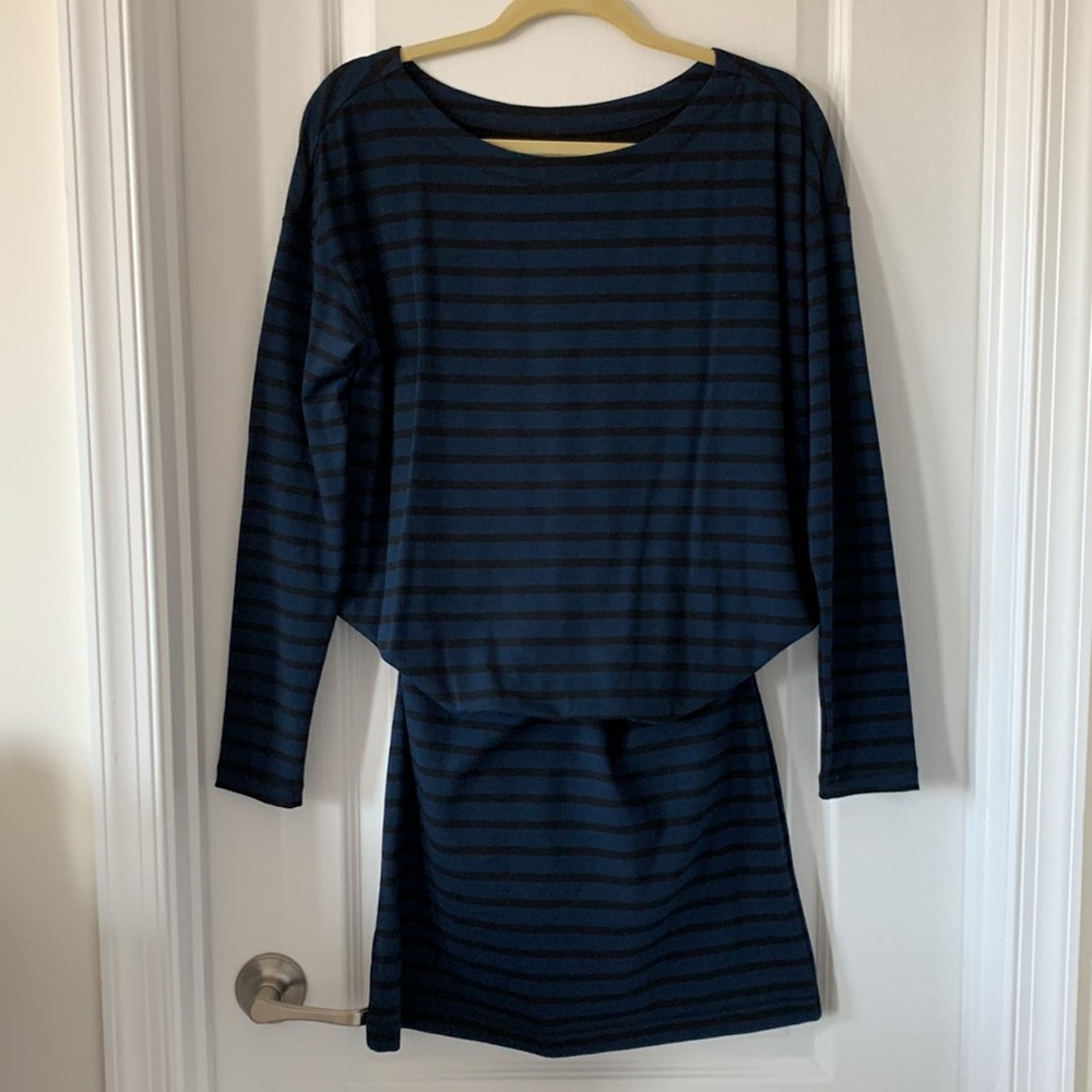 NWT LOU & GREY Blue/Black Stripes Long Sleeves Boatneck Dress Size Small